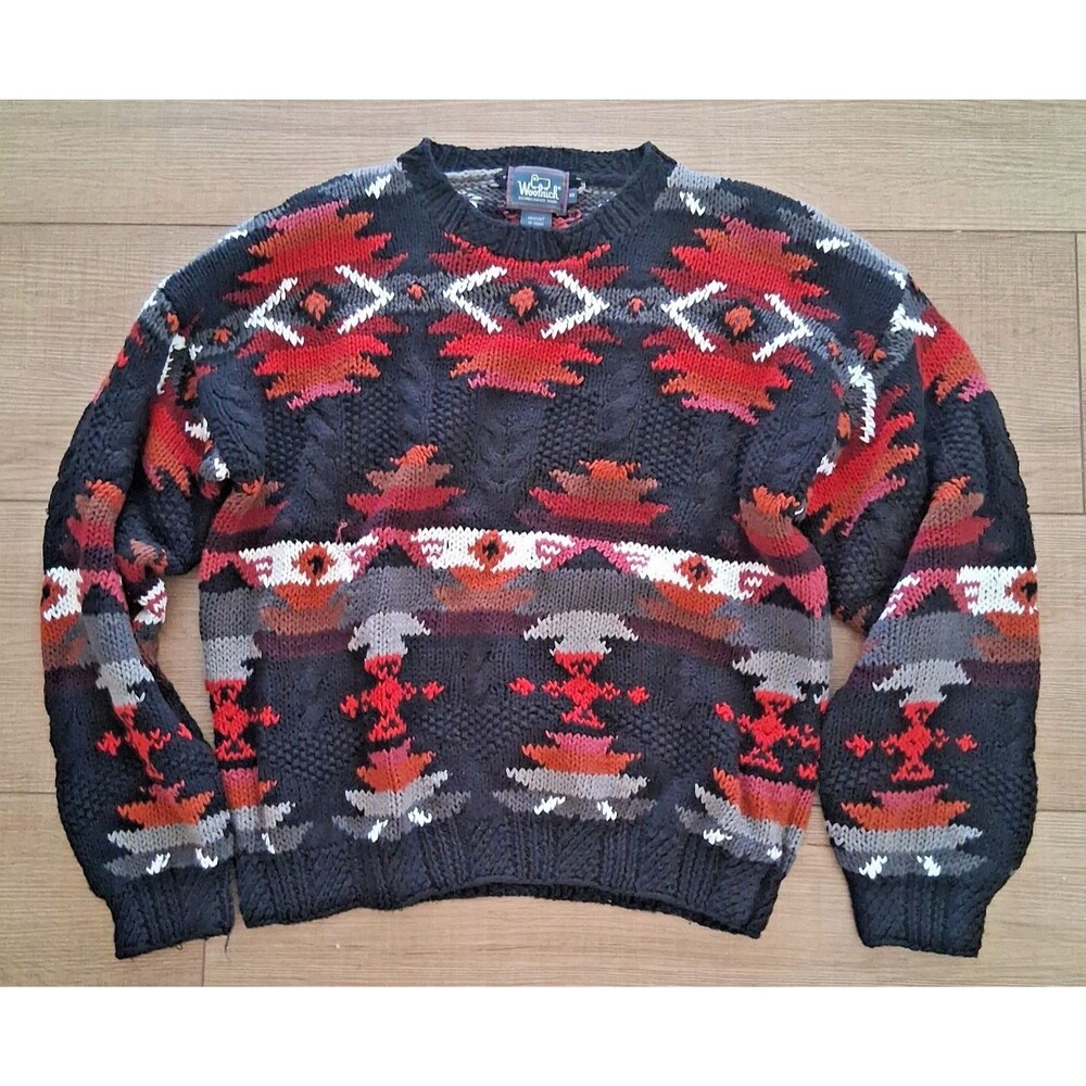 Vintage 90s Woolrich Hand Knit Sweater Women's S Southwestern Aztec Black Red